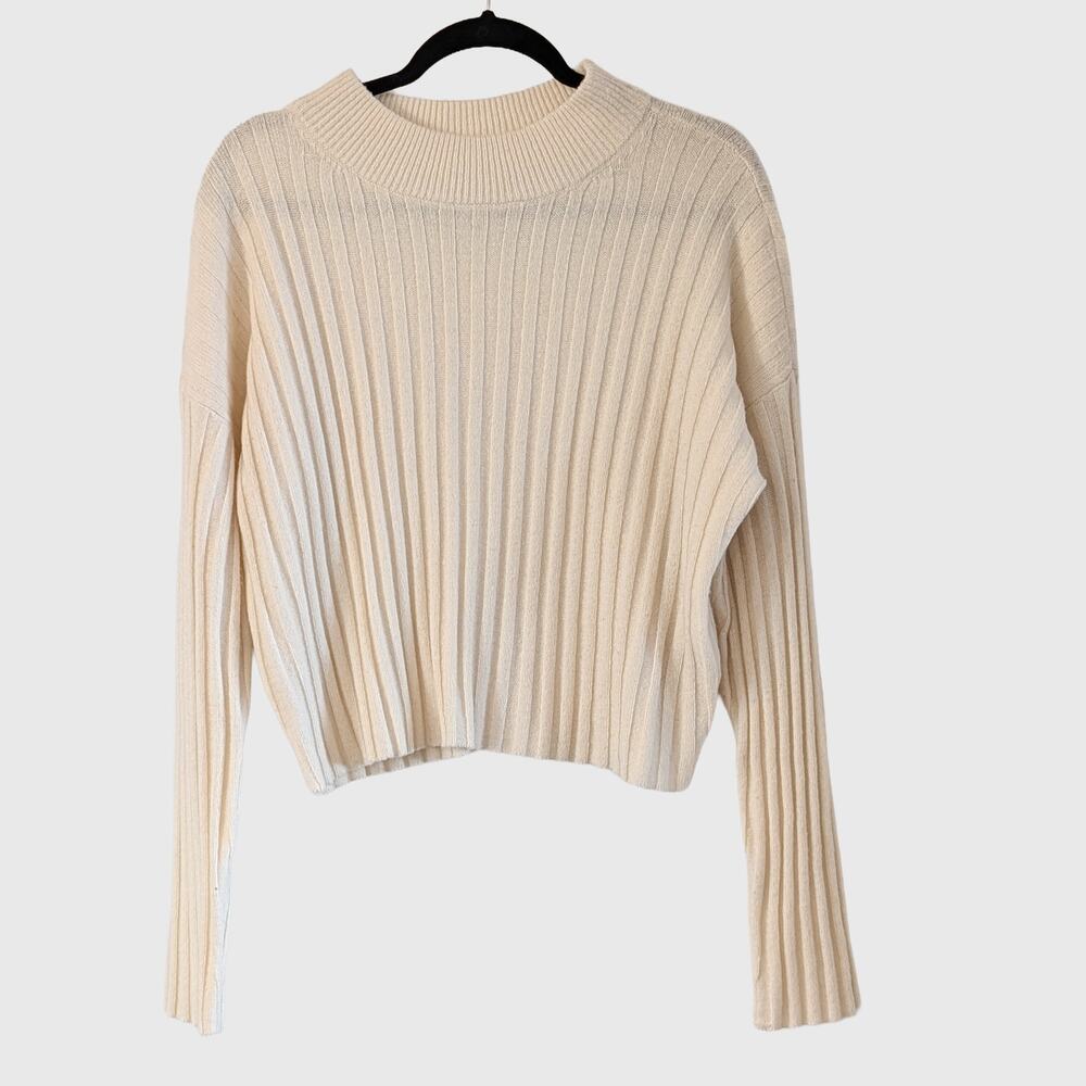 Madewell Wool Blend Rib Knit Mock Neck Cropped Sweater Cream Large